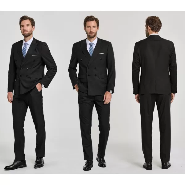 YND Mens Slim Fit 2 Piece Suit Double Breasted Solid Jacket Pants Set with TieBlack