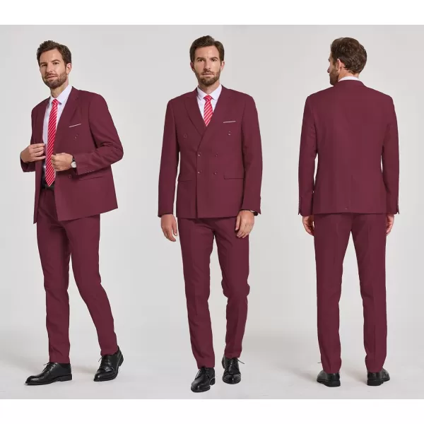 YND Mens Slim Fit 2 Piece Suit Double Breasted Solid Jacket Pants Set with TieBurgundy