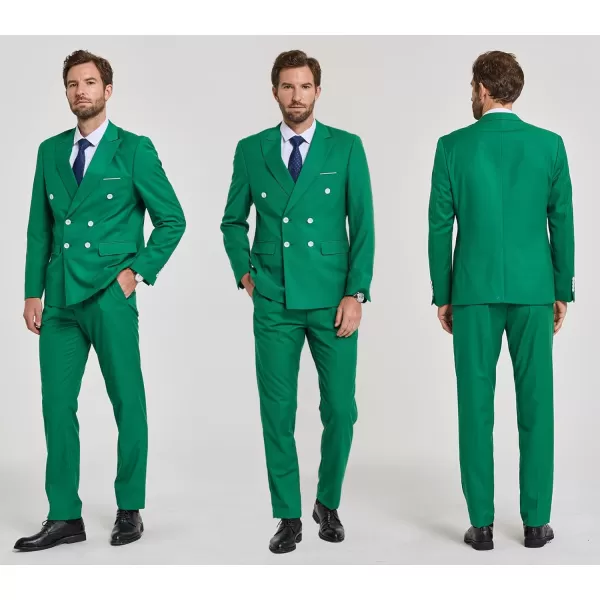 YND Mens Slim Fit 2 Piece Suit Double Breasted Solid Jacket Pants Set with TieGreen