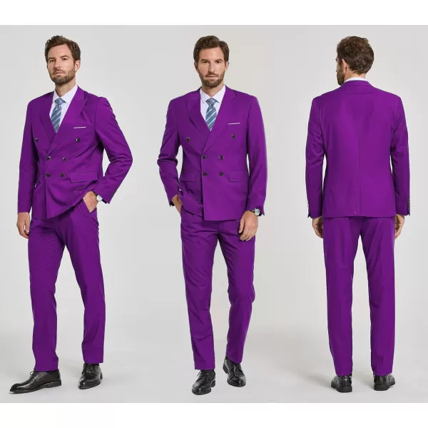 YND Mens Slim Fit 2 Piece Suit Double Breasted Solid Jacket Pants Set with TiePurple