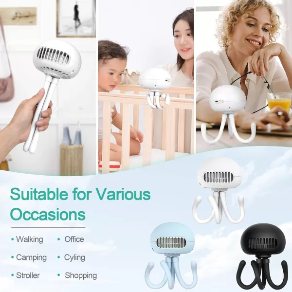 YND Stroller Fan Rechargeable Bladeless Portable Fan Mini Handheld Fan with Flexible Tripod Battery Operated Fan Jellyfish Shape Design 3 Speeds USB Personal Fan for Car Seat Treadmill WhiteWhite2000mAh