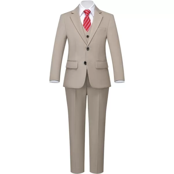 YND Boys 5 Piece Slim Fit Suit Set Solid Formal Dresswear of Jacket Vest Pants Shirt and TieBeige