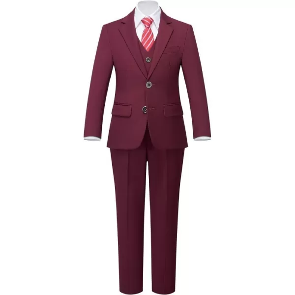 YND Boys 5 Piece Slim Fit Suit Set Solid Formal Dresswear of Jacket Vest Pants Shirt and TieBurgundy