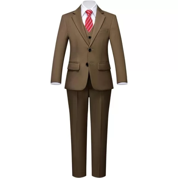 YND Boys 5 Piece Slim Fit Suit Set Solid Formal Dresswear of Jacket Vest Pants Shirt and TieKhaki