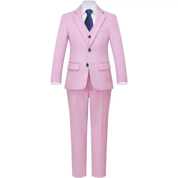 YND Boys 5 Piece Slim Fit Suit Set Solid Formal Dresswear of Jacket Vest Pants Shirt and TieLight Pink