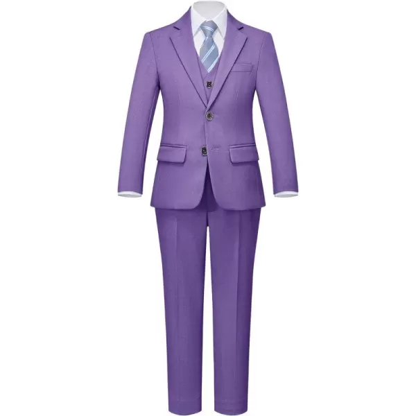 YND Boys 5 Piece Slim Fit Suit Set Solid Formal Dresswear of Jacket Vest Pants Shirt and TiePurple