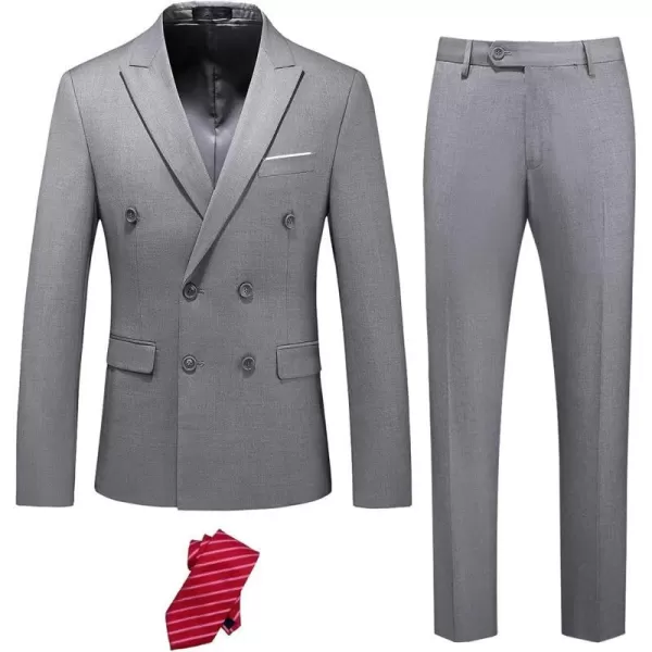 YND Mens Slim Fit 2 Piece Suit Double Breasted Solid Jacket Pants Set with TieGrey