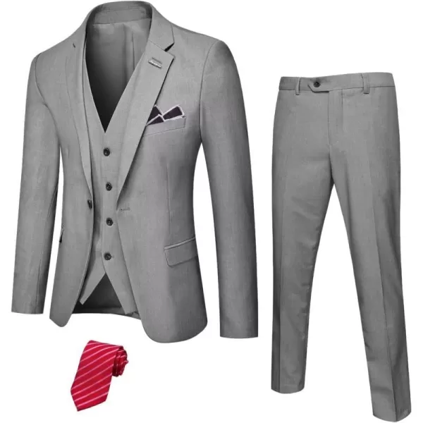 YND Mens Slim Fit 2 Piece Suit Double Breasted Solid Jacket Pants Set with TieLight Grey Stretch Fabric