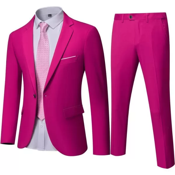 YND Mens Slim Fit 2 Piece Suit One Button Solid Jacket Pants Set with TieFuchsia