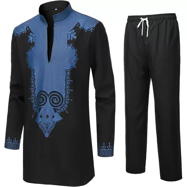 YND Mens 2 Piece Set African Dashiki Shirt and Pants Outfit with Gold PrintBlack With Blue