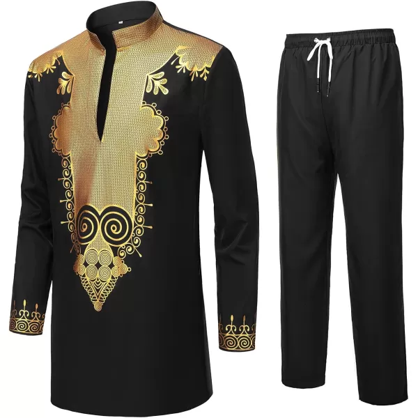 YND Mens 2 Piece Set African Dashiki Shirt and Pants Outfit with Gold PrintBlack With Gold