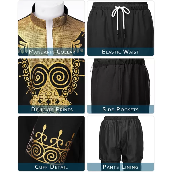 YND Mens 2 Piece Set African Dashiki Shirt and Pants Outfit with Gold PrintBlack With Gold