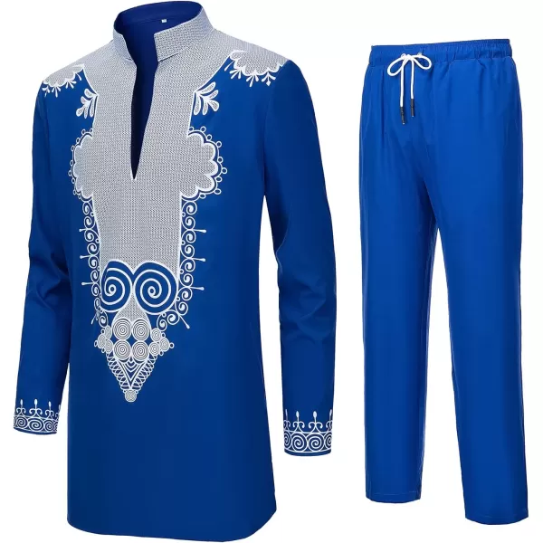 YND Mens 2 Piece Set African Dashiki Shirt and Pants Outfit with Gold PrintBlue With White