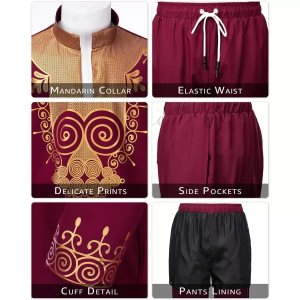 YND Mens 2 Piece Set African Dashiki Shirt and Pants Outfit with Gold PrintBurgundy With Gold