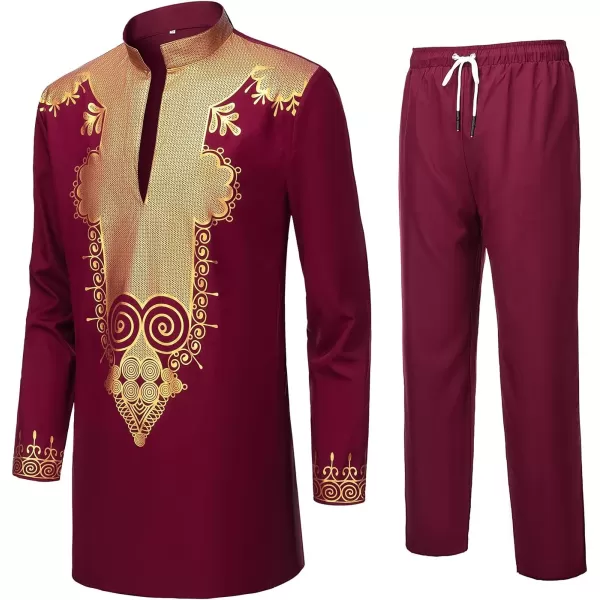 YND Mens 2 Piece Set African Dashiki Shirt and Pants Outfit with Gold PrintBurgundy With Gold