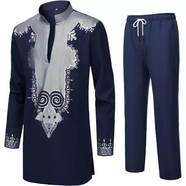 YND Mens 2 Piece Set African Dashiki Shirt and Pants Outfit with Gold PrintNavy With Silver