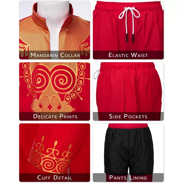 YND Mens 2 Piece Set African Dashiki Shirt and Pants Outfit with Gold PrintRed With Gold