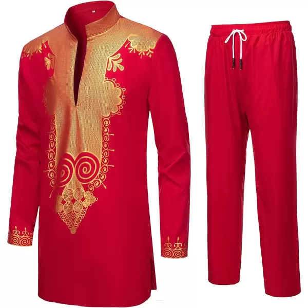 YND Mens 2 Piece Set African Dashiki Shirt and Pants Outfit with Gold PrintRed With Gold