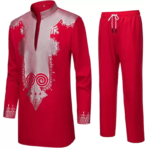 YND Mens 2 Piece Set African Dashiki Shirt and Pants Outfit with Gold PrintRed With Silver