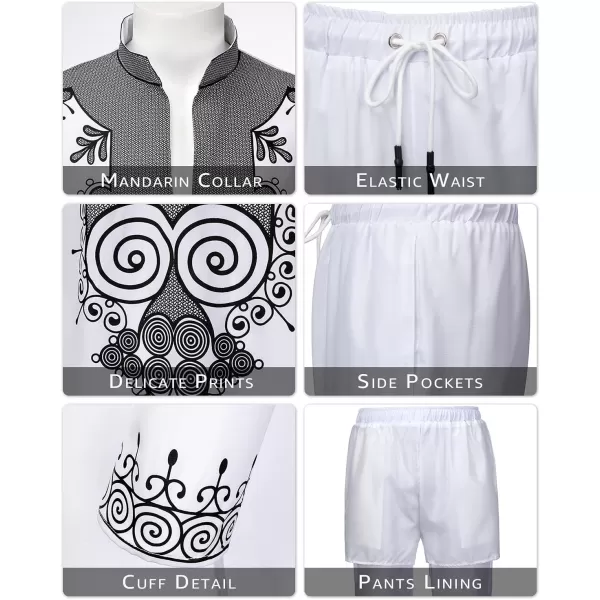 YND Mens 2 Piece Set African Dashiki Shirt and Pants Outfit with Gold PrintWhite With Black