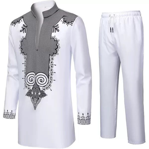 YND Mens 2 Piece Set African Dashiki Shirt and Pants Outfit with Gold PrintWhite With Black