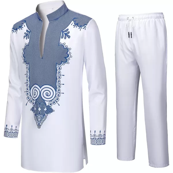 YND Mens 2 Piece Set African Dashiki Shirt and Pants Outfit with Gold PrintWhite With Blue