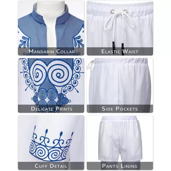 YND Mens 2 Piece Set African Dashiki Shirt and Pants Outfit with Gold PrintWhite With Blue