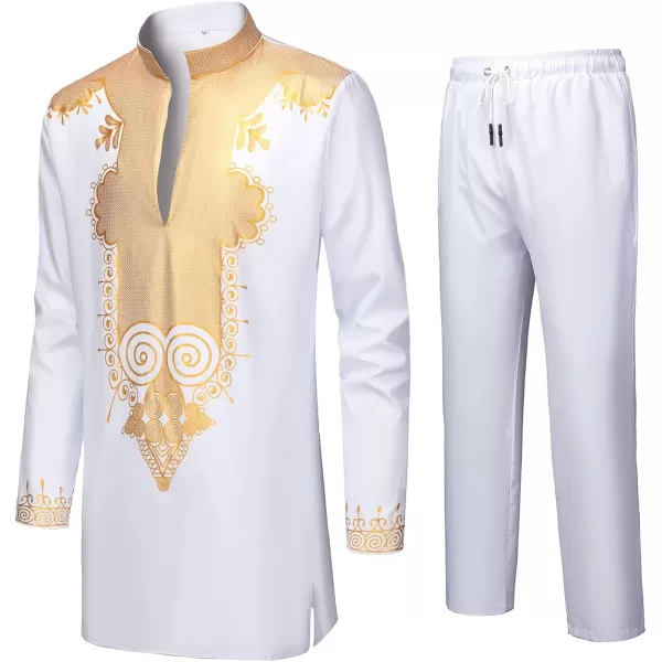 YND Mens 2 Piece Set African Dashiki Shirt and Pants Outfit with Gold PrintWhite With Gold