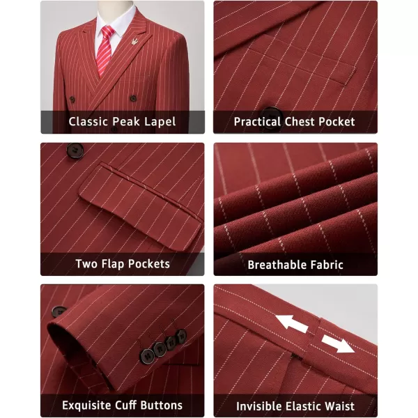 YND Mens 2 Piece Slim Fit Suit DoubleBreasted Stripe Tuxedo Set with Tie Party Wedding Dress Blazer Tux and TrousersBrick Red