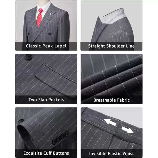 YND Mens 2 Piece Slim Fit Suit DoubleBreasted Stripe Tuxedo Set with Tie Party Wedding Dress Blazer Tux and TrousersDeep Grey