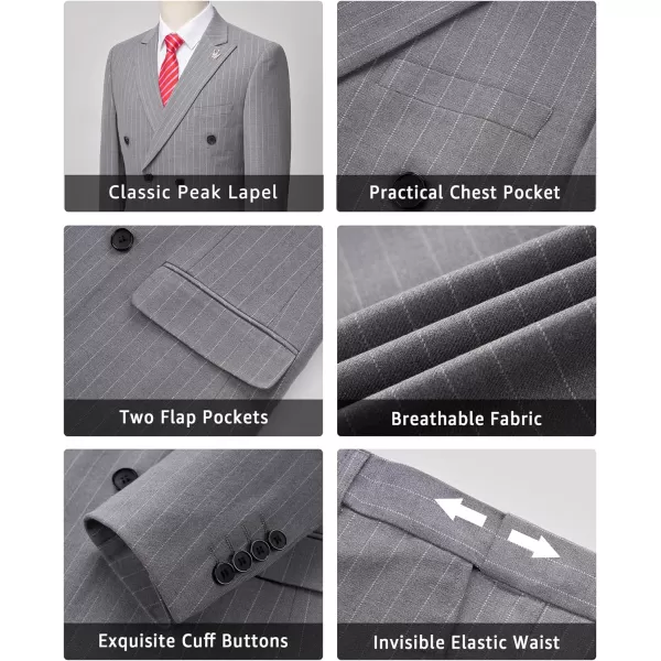 YND Mens 2 Piece Slim Fit Suit DoubleBreasted Stripe Tuxedo Set with Tie Party Wedding Dress Blazer Tux and TrousersGrey