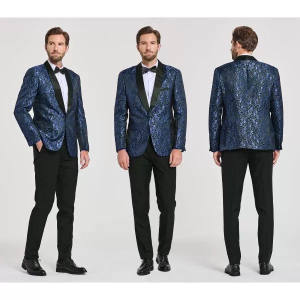 YND Mens 2 Piece Slim Fit Suit Set One Button Shawl Lapel Floral Pattern Party Blazer Jacket Pants with Bow TieDeep Blue