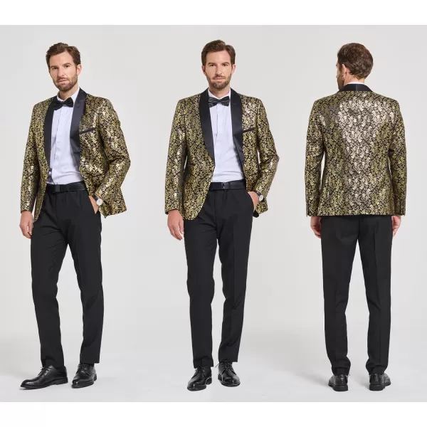 YND Mens 2 Piece Slim Fit Suit Set One Button Shawl Lapel Floral Pattern Party Blazer Jacket Pants with Bow TieGold