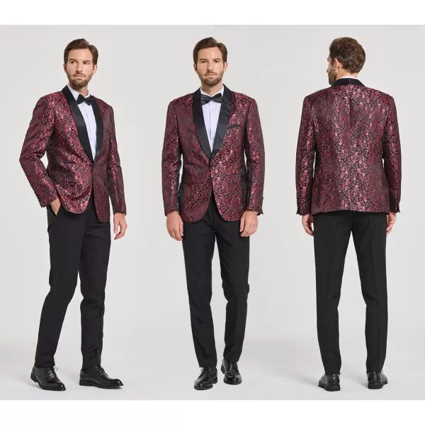 YND Mens 2 Piece Slim Fit Suit Set One Button Shawl Lapel Floral Pattern Party Blazer Jacket Pants with Bow TieRed