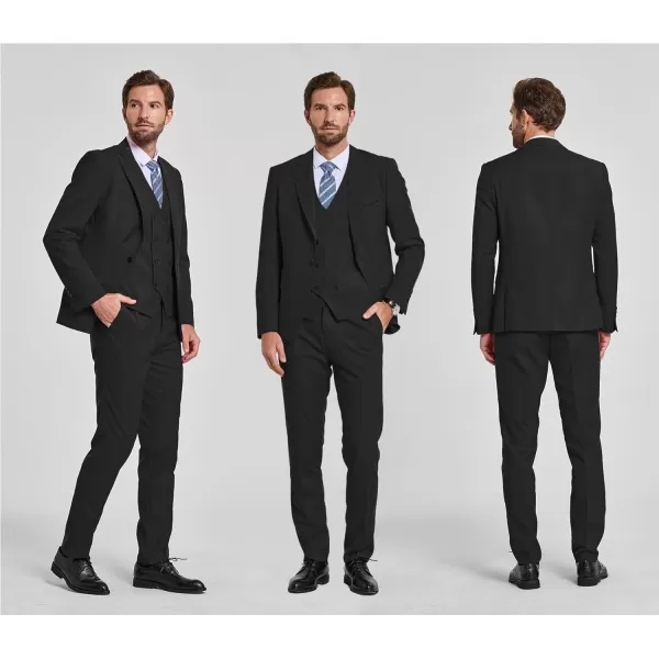 YND Mens 3 Piece Slim Fit Suit Set One Button Peak Lapel Solid Business Blazer Jacket Double Breasted Vest Pants and TieBlack