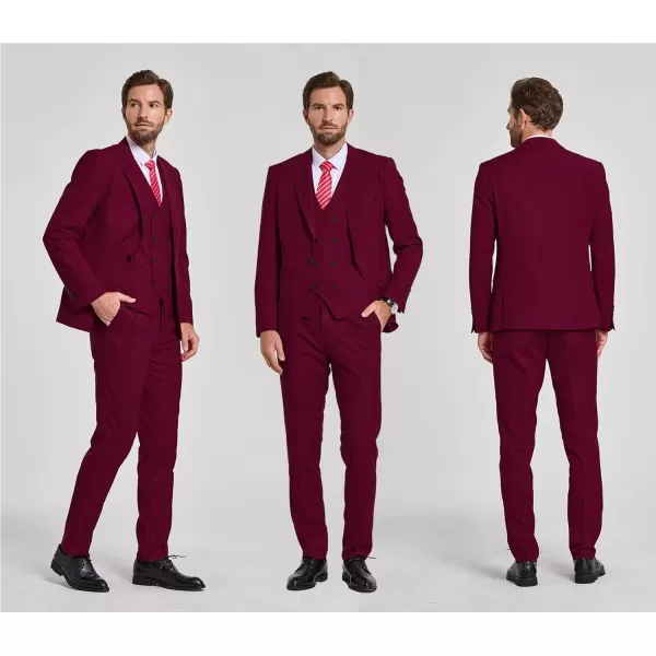 YND Mens 3 Piece Slim Fit Suit Set One Button Peak Lapel Solid Business Blazer Jacket Double Breasted Vest Pants and TieBurgundy