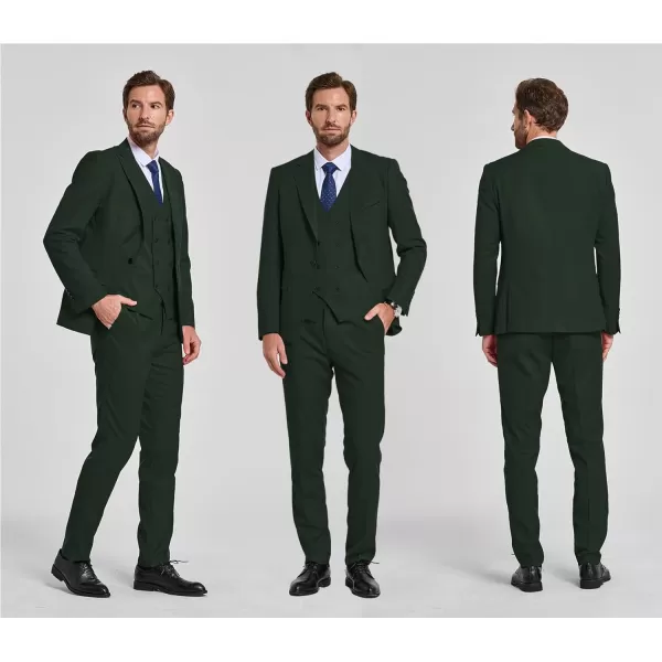 YND Mens 3 Piece Slim Fit Suit Set One Button Peak Lapel Solid Business Blazer Jacket Double Breasted Vest Pants and TieDeep Green