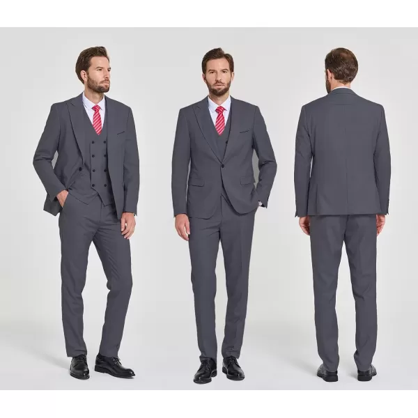 YND Mens 3 Piece Slim Fit Suit Set One Button Peak Lapel Solid Business Blazer Jacket Double Breasted Vest Pants and TieDeep Grey
