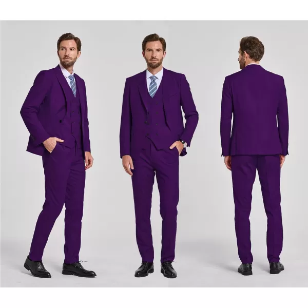 YND Mens 3 Piece Slim Fit Suit Set One Button Peak Lapel Solid Business Blazer Jacket Double Breasted Vest Pants and TieDeep Purple