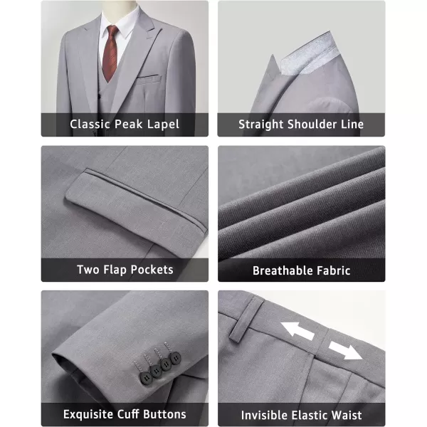 YND Mens 3 Piece Slim Fit Suit Set One Button Peak Lapel Solid Business Blazer Jacket Double Breasted Vest Pants and TieLight Grey