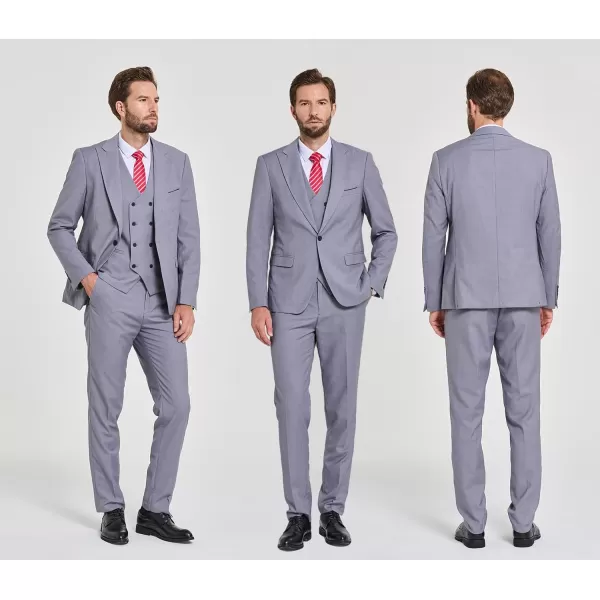 YND Mens 3 Piece Slim Fit Suit Set One Button Peak Lapel Solid Business Blazer Jacket Double Breasted Vest Pants and TieLight Grey