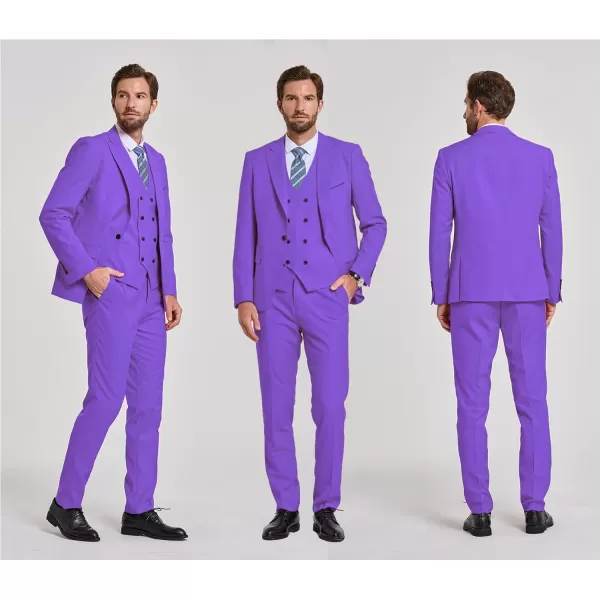 YND Mens 3 Piece Slim Fit Suit Set One Button Peak Lapel Solid Business Blazer Jacket Double Breasted Vest Pants and TiePurple