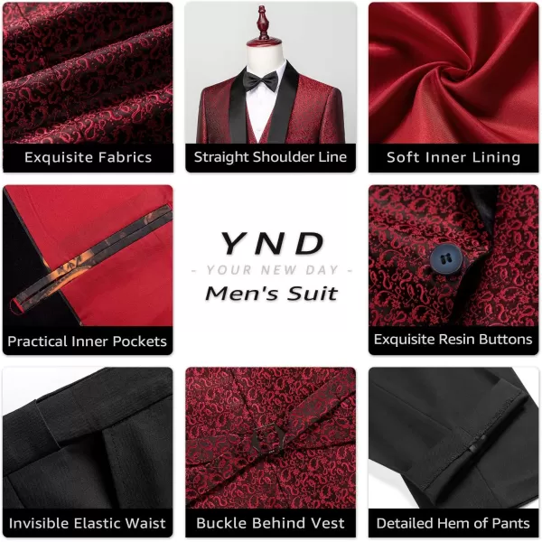 YND Mens 3 Piece Slim Fit Tuxedo Set One Button Shawl Collar Floral Jacket Vest Pants with Bow TieBlack