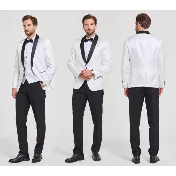 YND Mens 3 Piece Slim Fit Tuxedo Set One Button Shawl Collar Floral Jacket Vest Pants with Bow TieWhite