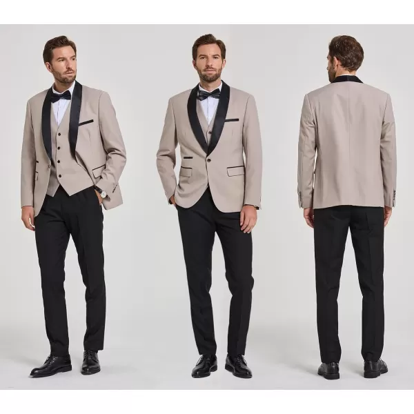 YND Mens 3 Piece Slim Fit Tuxedo Set One Button Shawl Collar Solid Jacket Vest Pants with Bow TieBeige