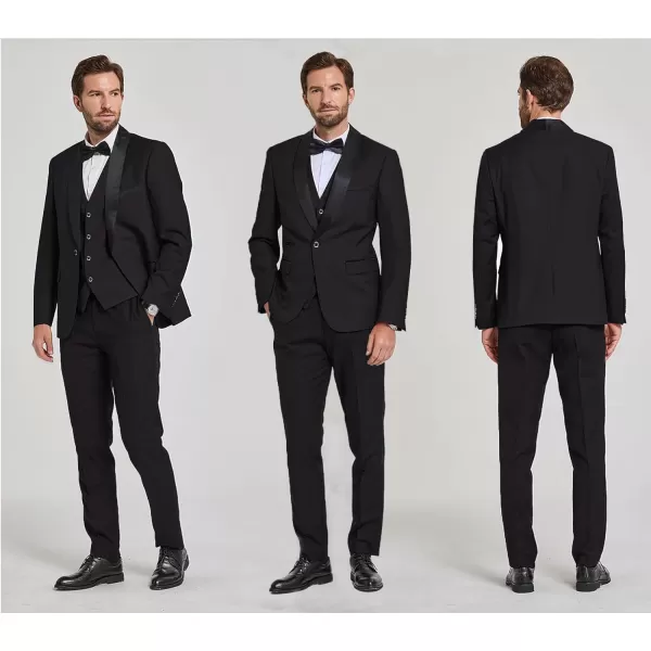 YND Mens 3 Piece Slim Fit Tuxedo Set One Button Shawl Collar Solid Jacket Vest Pants with Bow TieBlack