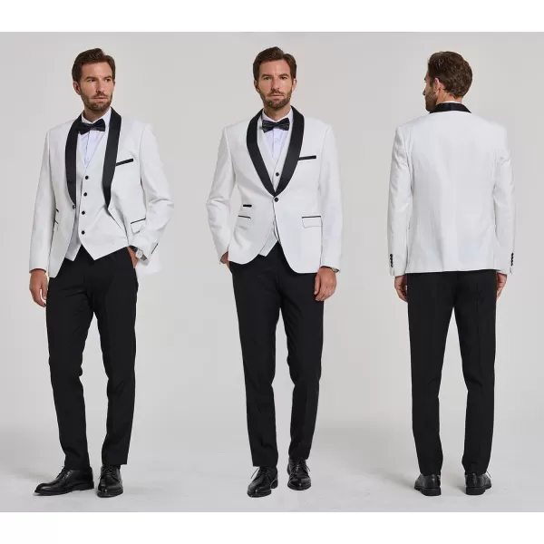 YND Mens 3 Piece Slim Fit Tuxedo Set One Button Shawl Collar Solid Jacket Vest Pants with Bow TieBlack Collar White