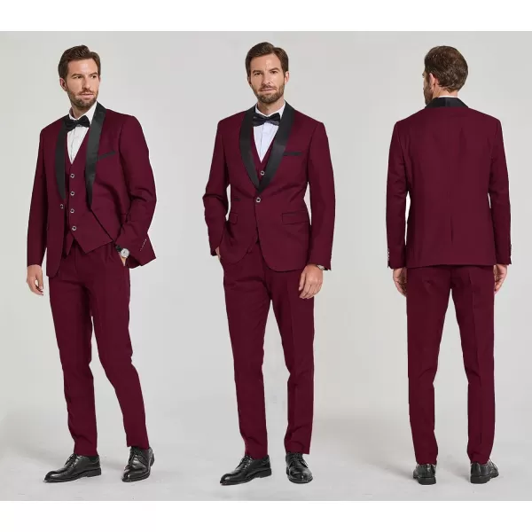 YND Mens 3 Piece Slim Fit Tuxedo Set One Button Shawl Collar Solid Jacket Vest Pants with Bow TieBurgundy