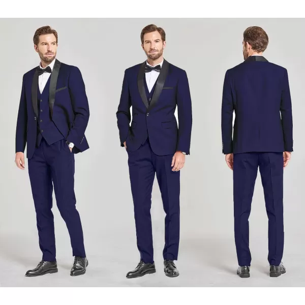 YND Mens 3 Piece Slim Fit Tuxedo Set One Button Shawl Collar Solid Jacket Vest Pants with Bow TieDeep Blue