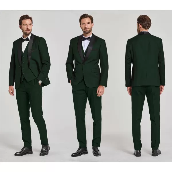 YND Mens 3 Piece Slim Fit Tuxedo Set One Button Shawl Collar Solid Jacket Vest Pants with Bow TieDeep Green